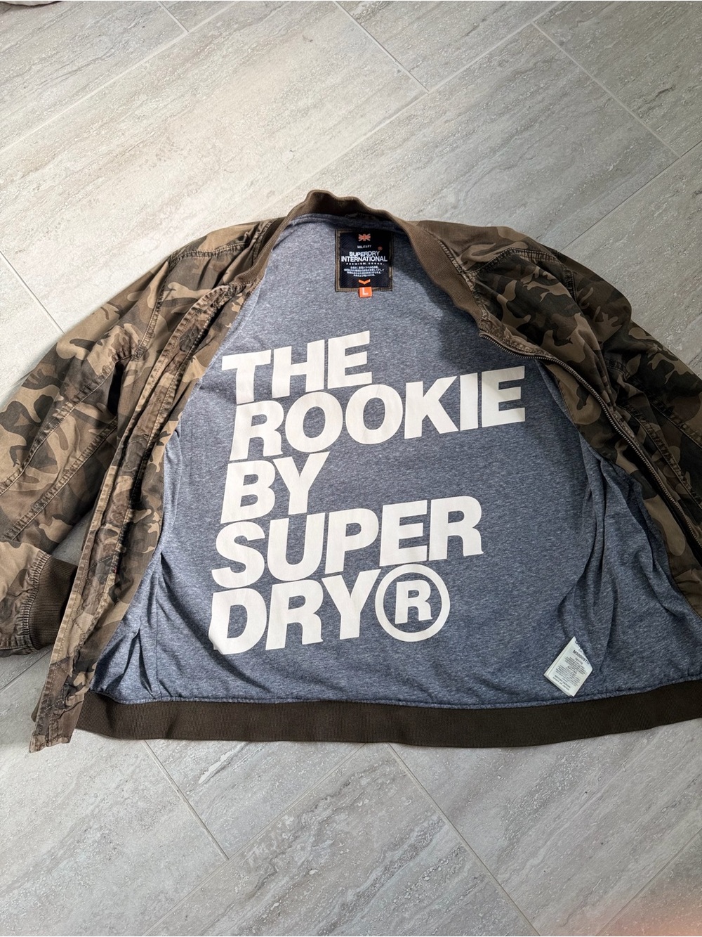 Superdry International Military Issue Camo Bomber Jacket Mens Large Cotton Zip